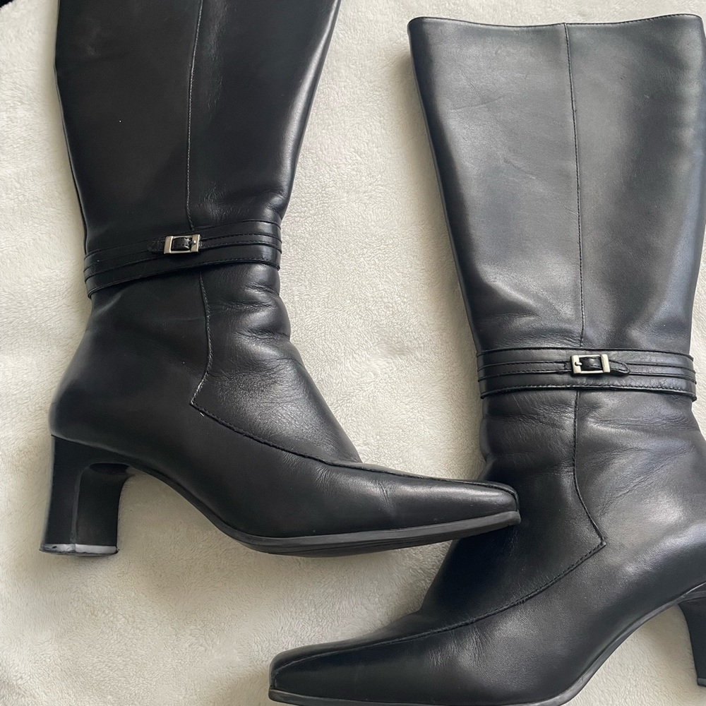 Naturalizer Black Leather Mid-Calf Heel Boots with Strap Accent